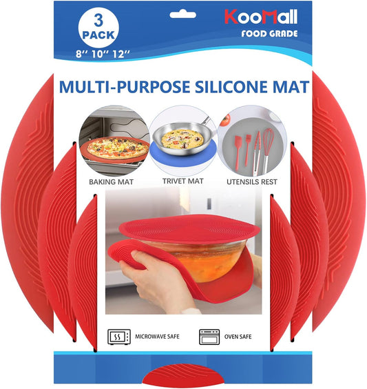 KooMall 12 10 8 Inch Multi-use Microwave Mat, Trivet, Pot Holders, Drying, Baking, Place Mat, Utensils Rest, Silicone Cover Pad for Hot Pot Pans Bowls Plates Dishes Kitchen Counter, Heat Resistant,Red