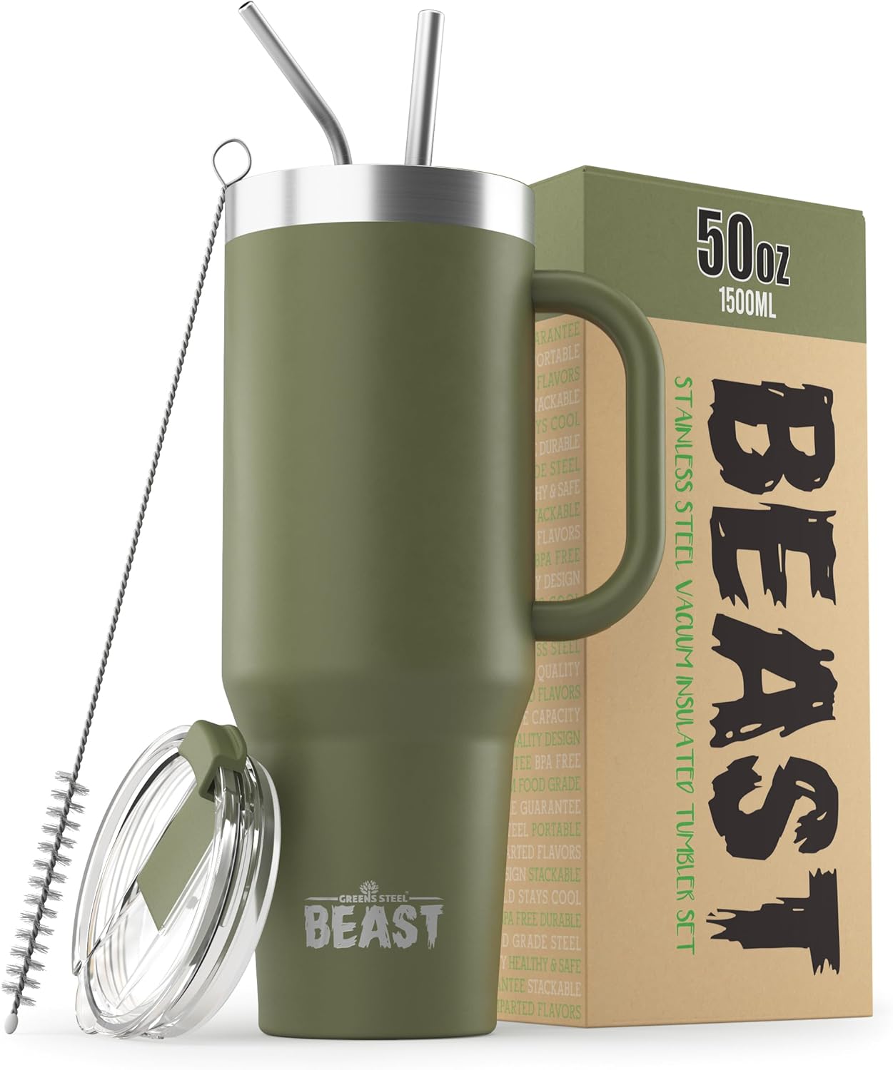 Beast 50 oz Tumbler Stainless Steel Vacuum Insulated Coffee Ice Cup Double Wall Travel Flask (Army Green)