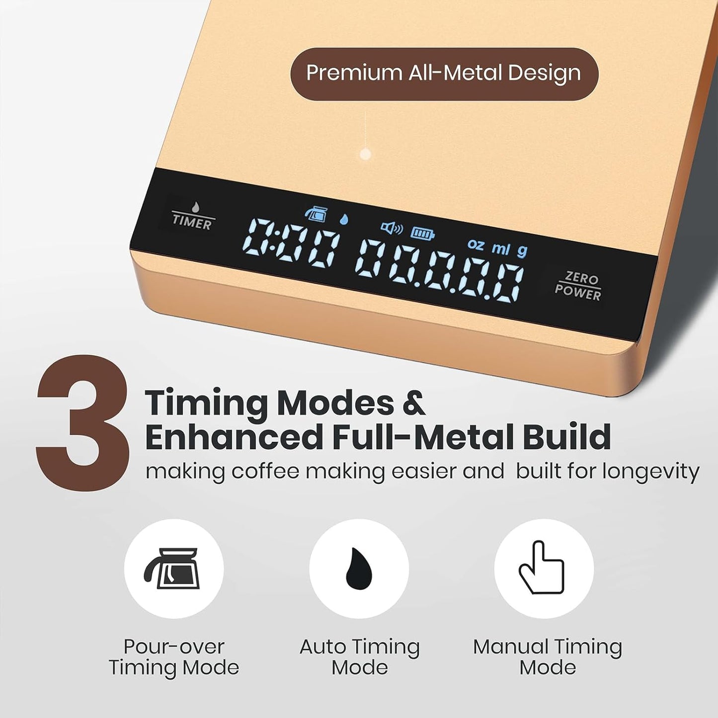 Mini Coffee Scale with Timer, Maestri House Rechargeable Espresso Scale, 2kg/0.1g Accurate Scale for Espresso and Pour-Over Coffee, Portable Digital Kitchen Scale with Automatic Timing-Gold