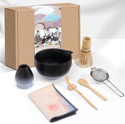 Matcha Whisk Set,includes Matcha Bowl,Matcha Whisk and Holder by Bamboo, Spout, Matcha Sifter Strainer Spoon Scoop Chasen Holder Towel- Perfect Japanese Matcha Set(8 Pcs White)