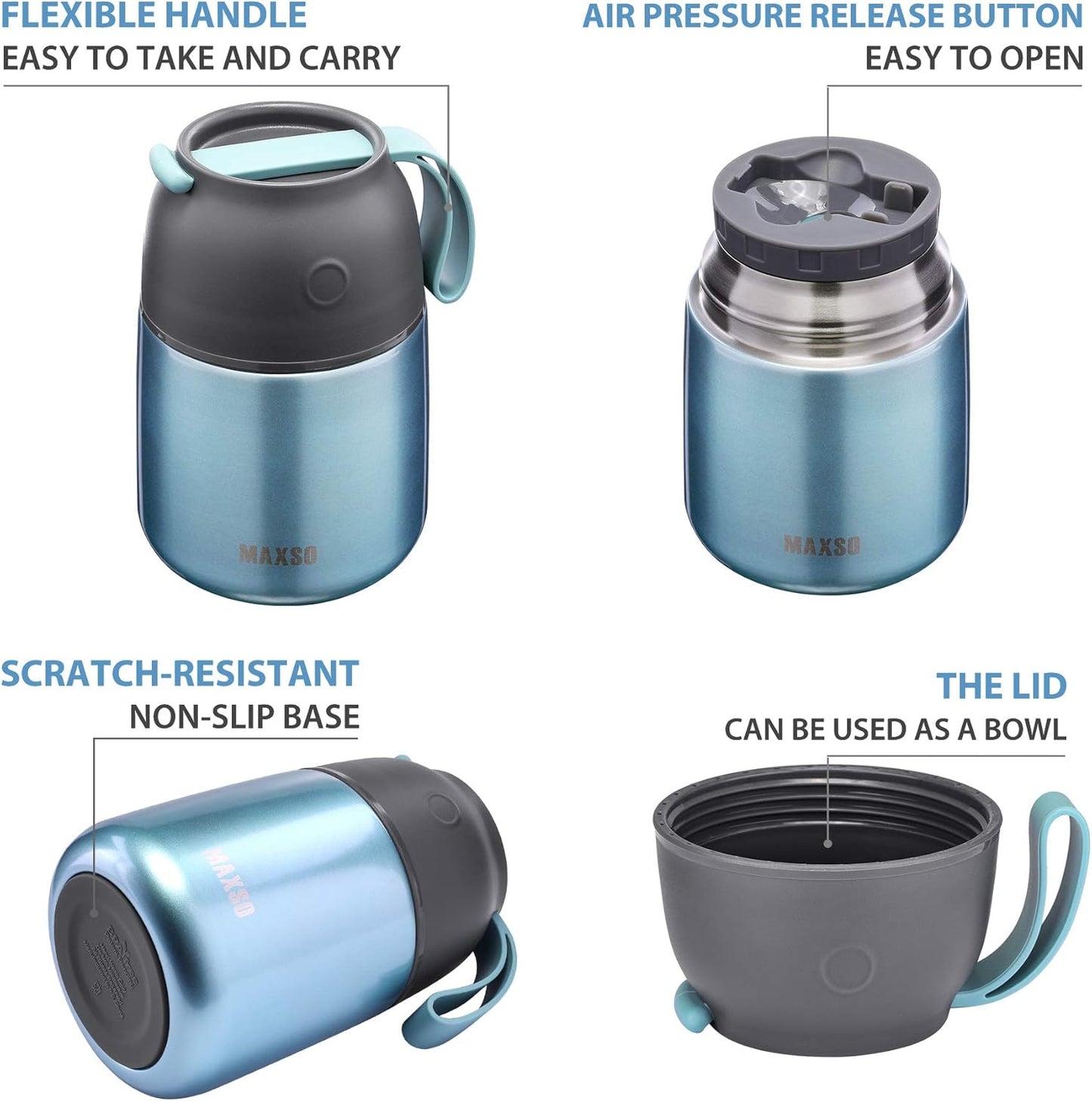 Insulated Thermo Food Jar for Hot & Cold Food for Kids Adult, 17 oz Soup Thermal Hot Food Containers for Lunch, Triple Layer Insulation Stainless Steel Food Jar with Spoon (Lightblue)