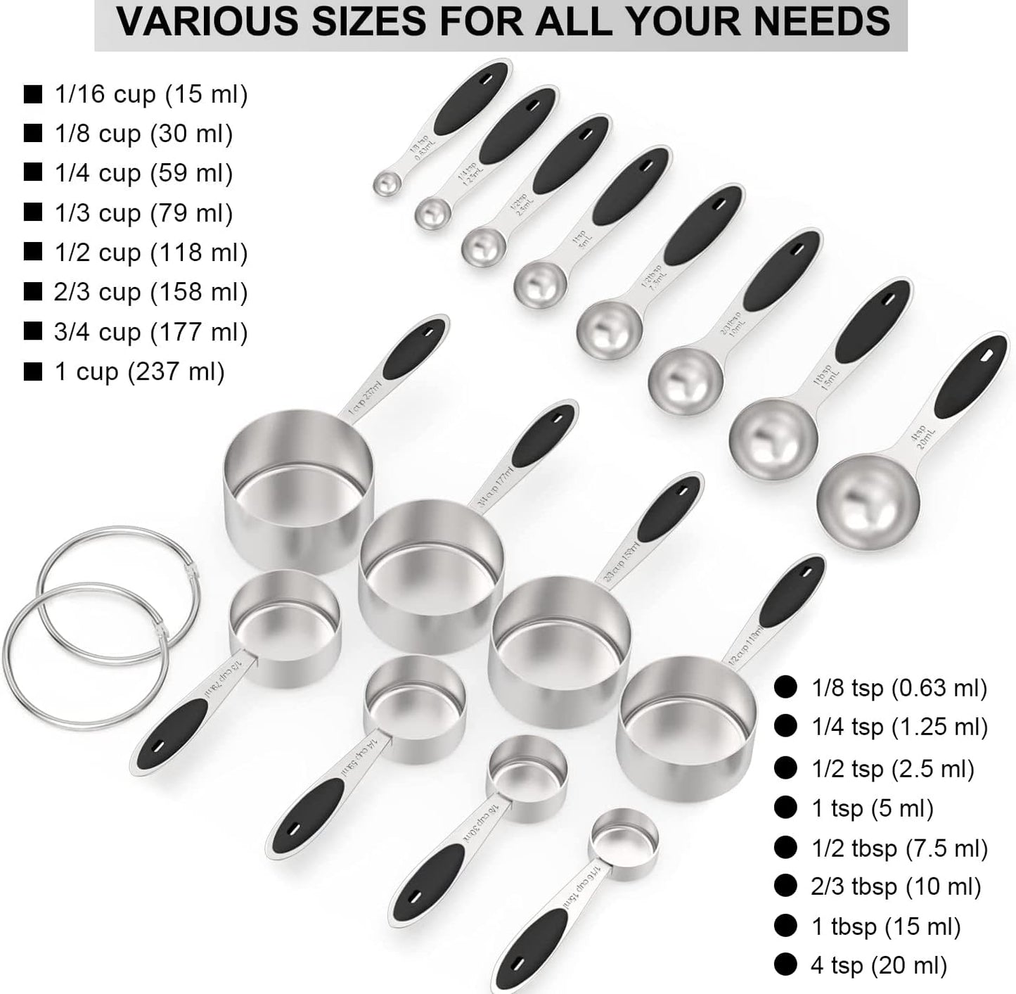 Measuring Cups & Spoons Set of 16, Wildone Stainless Steel Measuring Cups and Measuring Spoons with Black Silicone Handle, Including 8 Nesting Cups, 8 Spoons, for Dry and Liquid Ingredient