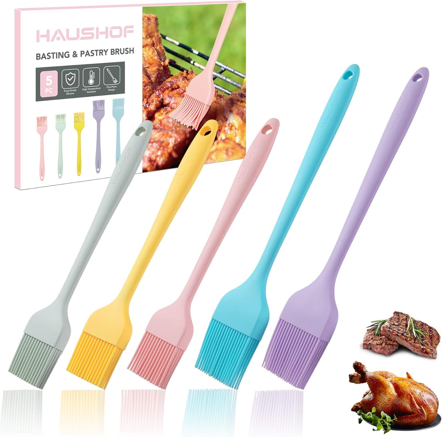 HAUSHOF Silicone Basting Pastry Brush, Heat Resistant Pastry Brush Set, One-Piece Design, Perfect for Baking, Grilling, Spreading Oil, Butter, BBQ Sauce, or Marinade, Dishwasher Safe