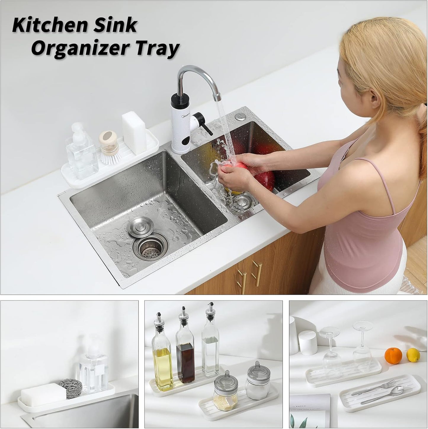 Silicone Kitchen Sink Organizer Tray for Multiple Usage,Eco-Friendly Sponges Holder for Kitchen Bathroom Counter or Sink,Dish Soap Dispenser,Scrubber,Bottle,Cup (White, 12"×4")