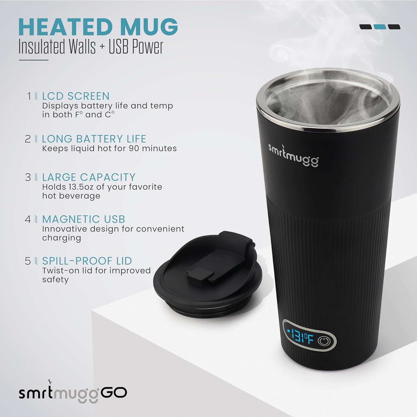 GO Heated Coffee Mug, Travel Mug, 13.5 OZ. Smart Mug, Battery Powered Heated Coffee Mug, Great for Coffee and Tea, Snap on Magnetic Charging Cord, New and Improved (Black)