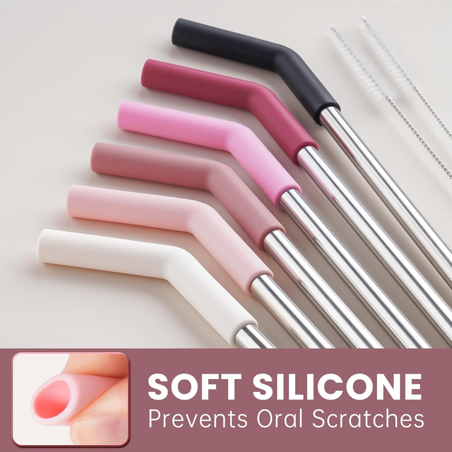 Tomorotec 6-Pack Stainless Steel Reusable Straw with Silicone Tip 3 Sizes, Metal Drinking Straws Fit for Stanley Quencher Tumblers 40oz, 30oz, 20oz, 14oz, Cleaning Brushes Included (Gradient)