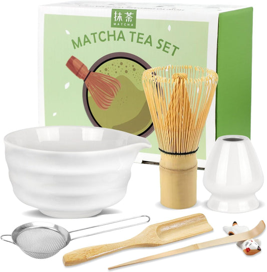 7 Pcs Matcha Whisk Set, Matcha Set with Ceramic Bowl, Bamboo Scoop, Whisk, Whisk Holder, Sifter, Spoon and Scoop Holder, Matcha Kit for Matcha Lover (White)