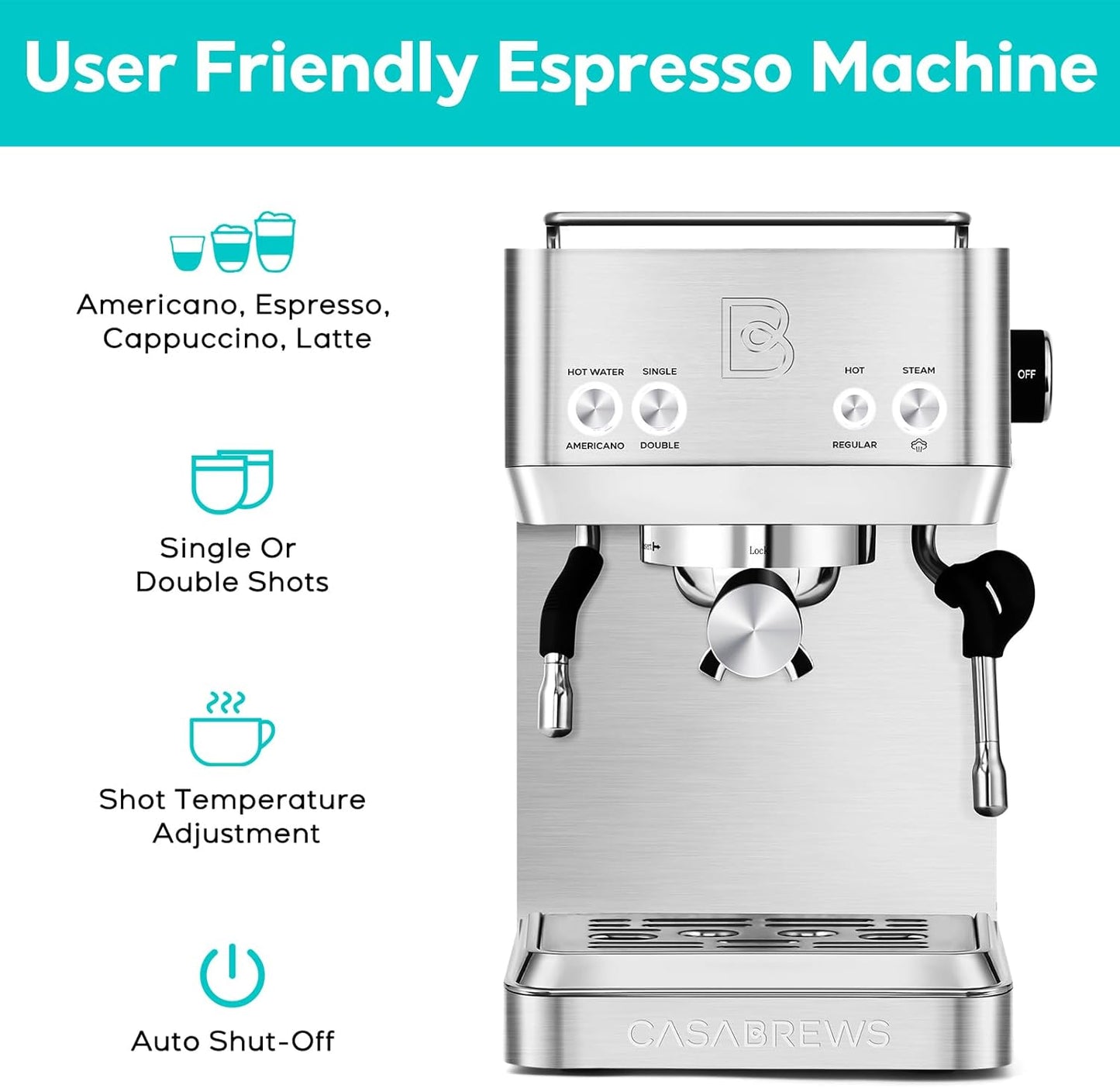 CASABREWS 4700Gense 20-Bar Espresso Machine with Milk Frother and Hot Water Wand, Adjustable Temperature, Ideal for Americano, Latte, Cappuccino