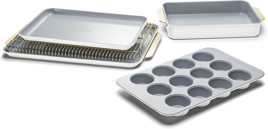 Caraway Nonstick Ceramic Bakeware Set (5 Pieces) - Baking Sheets, Assorted Baking Pans & Storage - Aluminized Steel Body - Non Toxic, PTFE & PFOA Free - White
