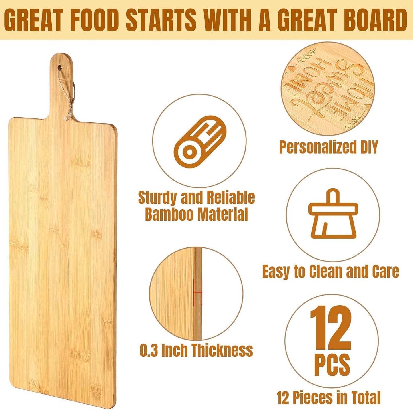 Patelai 12 Packs Wooden Cutting Board Set with Handles Large Kitchen Serving Plain Chopping Board Bulk Gifts for Mom for Vegetables Meat Pizza Cheese Fruit Bread(Bamboo,21.5 x 8.75 Inch)