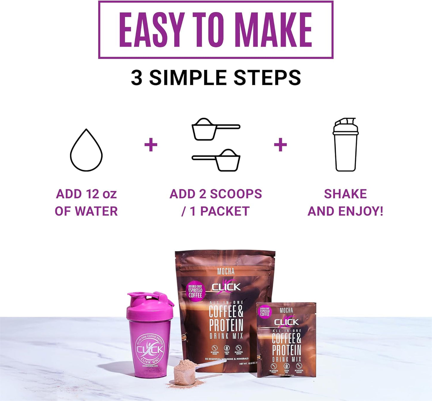 Click Coffee Protein, Protein & Real Coffee All-in-One, Meal Replacement Nutrition Drink, Mocha Flavor, 23 Essential Vitamins, Double Shot Espresso Coffee, Hot or Cold, 15.8-Ounce