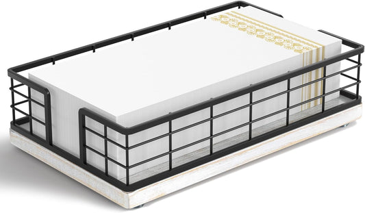 Wican Guest Towel Holder Tray for Bathroom, Oak and Iron Napkins Holder for Powder Room Dinning Table Wooden Basket for Disposable Paper Hand Towels Black and Farmhouse White