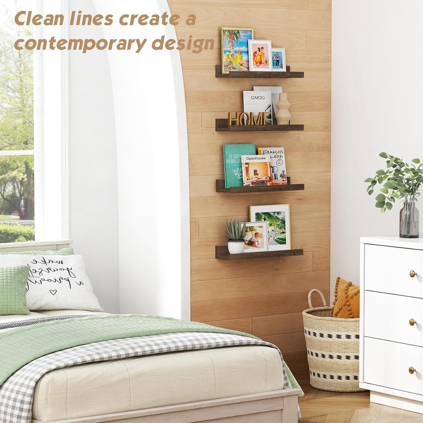 Forbena Wooden Floating Shelves with Lip for Wall, Dark Brown Picture Ledge Shelf for Books Photo Framses, Rustic Farmhouse Hanging Wall Shelves for Bedroom Office Kitchen (Set of 4, Solid Wood)