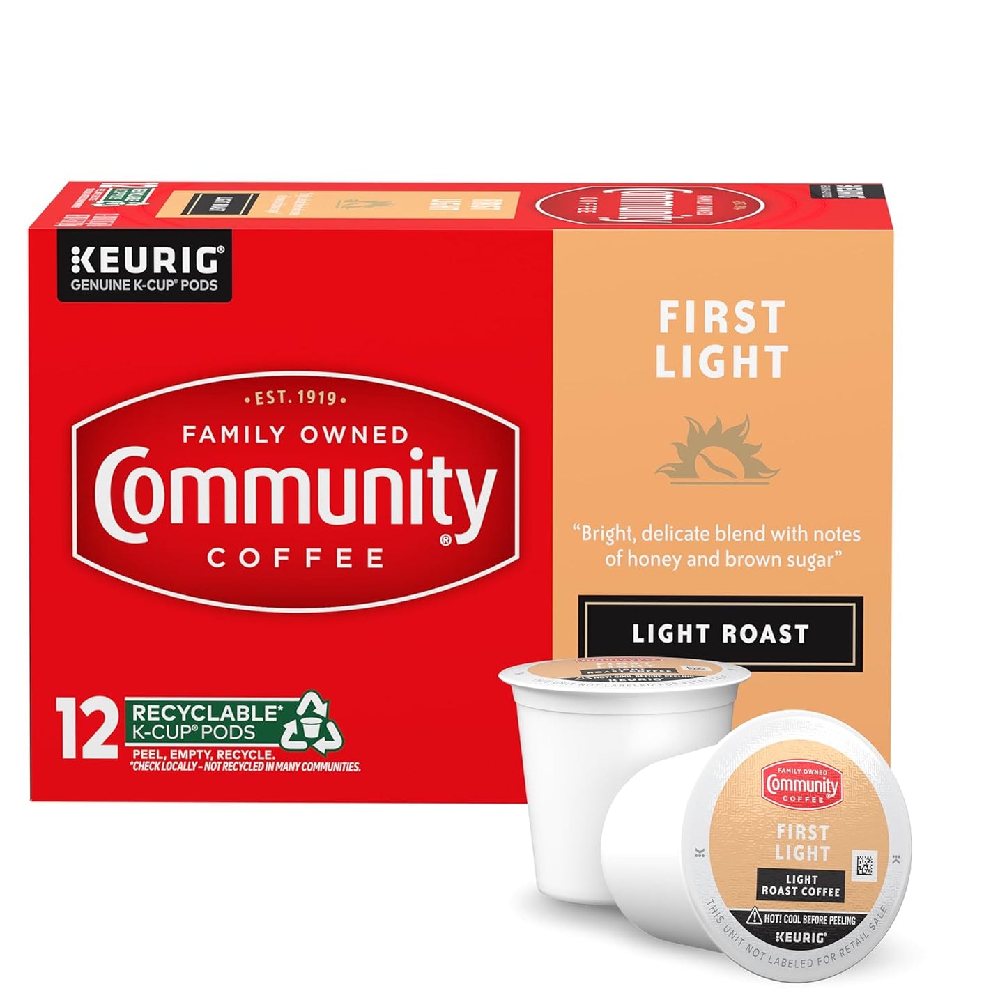 Community Coffee First Light, 12 Keurig Coffee Pods, Light Roast, Compatible with all K-Cup Brewers, 12 Count (Pack of 1)