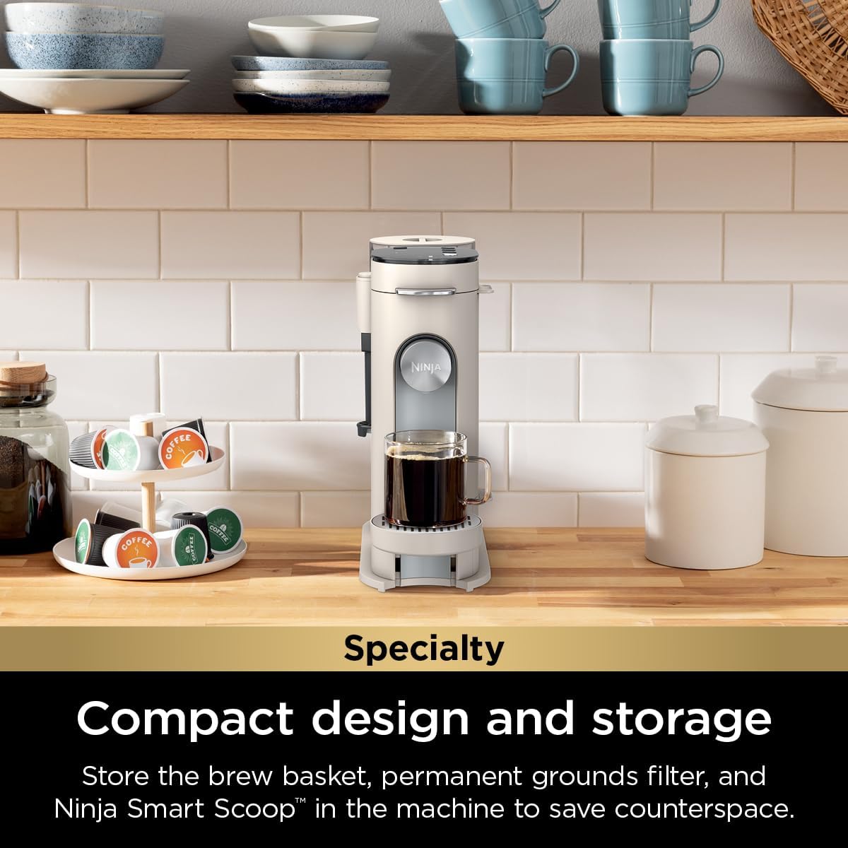 Ninja Pod & Grounds Specialty XL Single-Serve Coffee Maker, K-Cup Pod Compatible, Brews Grounds, Compact Design, Built-In Milk Frother, 68-oz. Reservoir, 6-oz. Cup to 24-oz. Mug Sizes, Stone, PB055AST