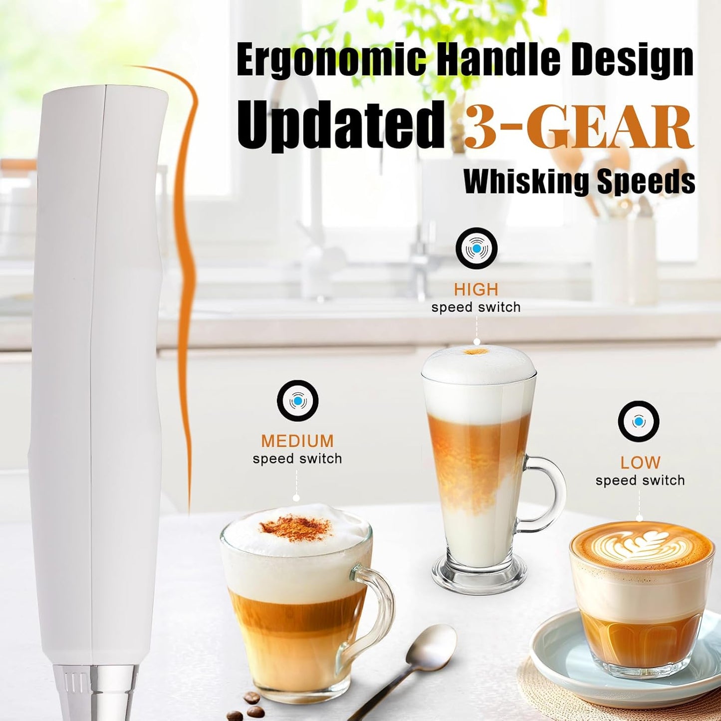 Nahida White Milk Frother Wand for Coffee, Frother Handheld Rechargeable Electric Whisk with 3 Heads 3 Speeds Drink Mixer Coffee Frother Foam Maker For Latte, Cappuccino, Hot Chocolate, Egg