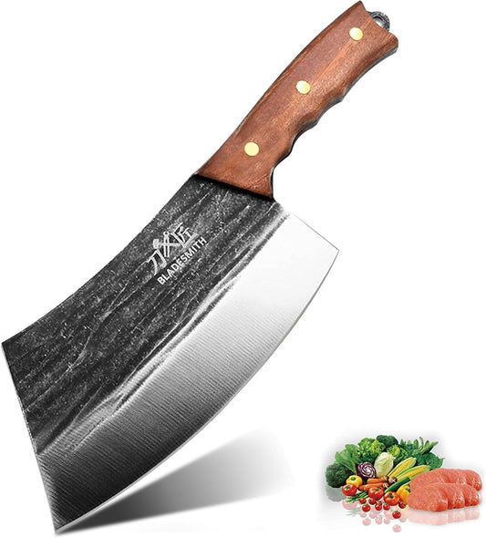 BLADESMITH 7" Chinese Chef Cleaver Knife – Forged High Carbon Steel, Professional Butcher Knife, Lightweight Design for Effortless Chopping, Full Tang with Pearwood Handle – 2024 Kitchen Gifts