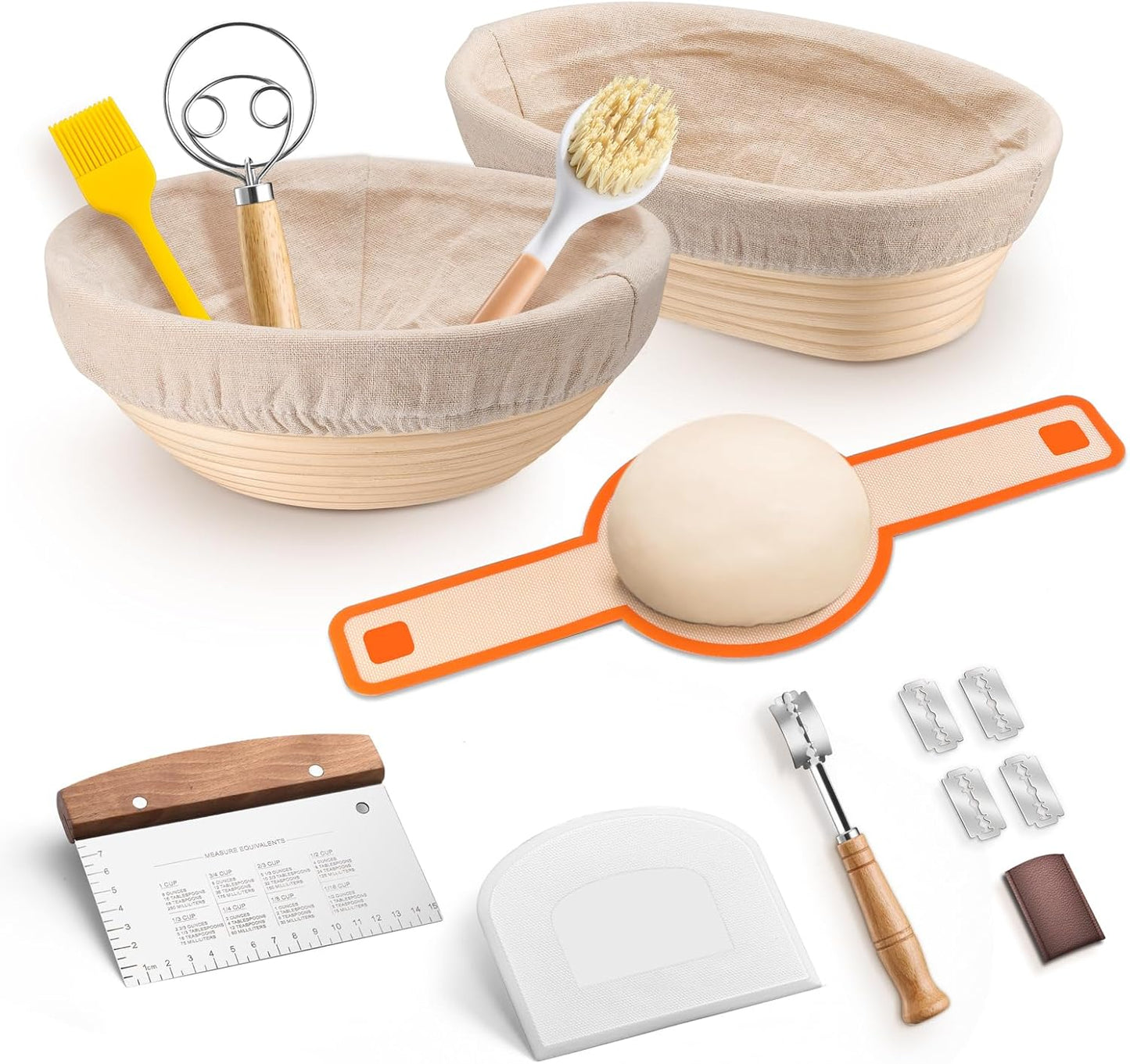 TeamFar Sourdough Bread Baking Supplies, 9” Round and 10” Oval Sourdough Starter Kit, Proofing Basket Set with Cloth Liner, Bread Lame, Whisk Dough, Bowl Scraper, Brush