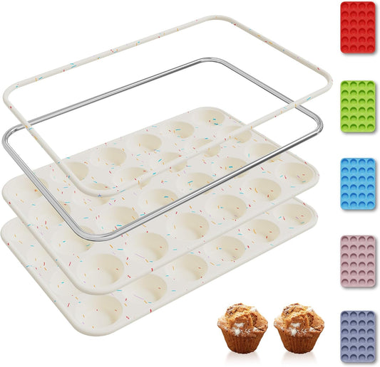 2 Pack 24 Cups Silicone Mini Muffin Pan with Metal Reinforced Frame Silicone Molds Cupcake Cake Baking Cheesecake Pans Cookie Baking Chocoflan Cupcake Mold Mini Bundt Cake Pan Women Gift