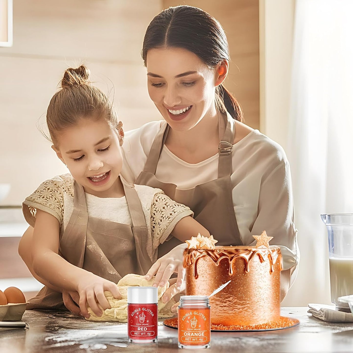 Cherrysea Edible Glitter for Drinks Cocktails Food Grade Edible Drink Shimmer Powder for DIY Champagne Beverages Wine 2 Colors Vegan Edible Luster Dust Set 4g/Bottle Gluten Free - Orange+Red