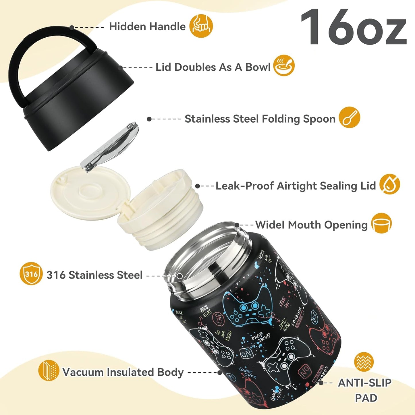 Soup Thermo for Hot Food Kids 16oz Insulated Food Jar Leakproof Thermo Lunch Container for Kids Wide-Mouth Stainless Steel Lunch Box for School with Handle Folding Spoon(3+)