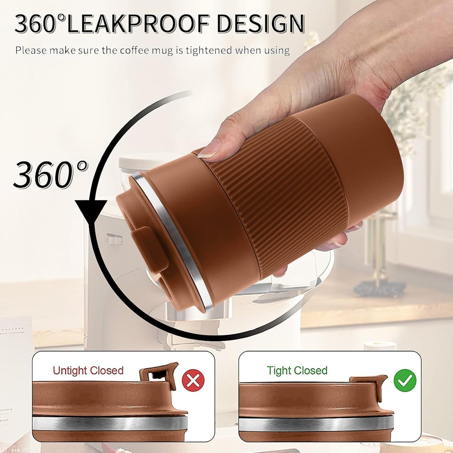 YINBAOGE Insulated Travel Coffee Mug Spill Proof Leak Proof Pobtable To Go Camping Stainless Steel Coffee Tumbler Reusable Coffee Cups with Lids Thermos for Hot and Cold Drink (Brown, 12 OZ)