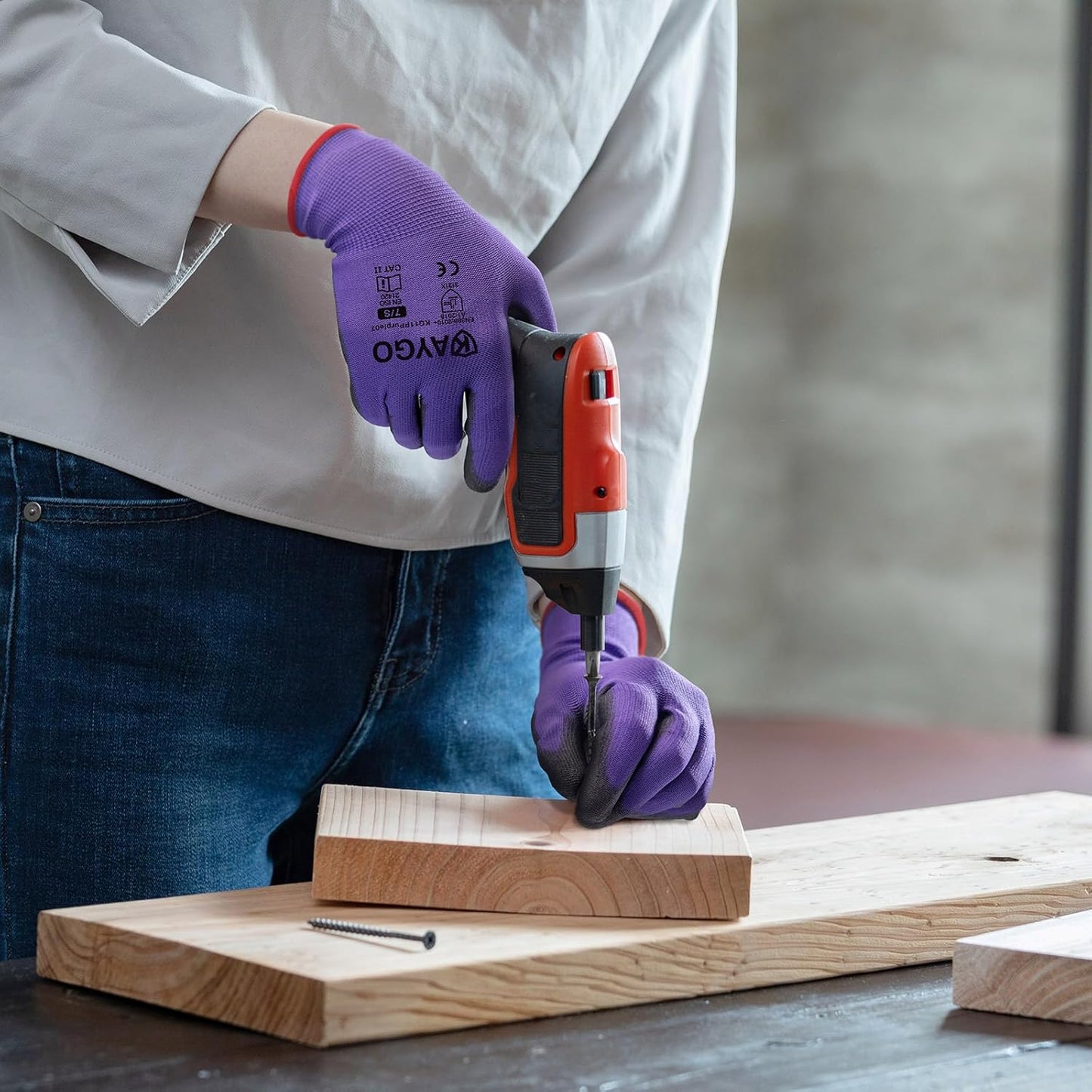 KAYGO Safety Work Gloves PU Coated,12 Pairs KG11PB Seamless Knit Glove for Men and Women, with Smooth Grip on Palm and Fingers, Ideal for General Duty Work (M, Purple)