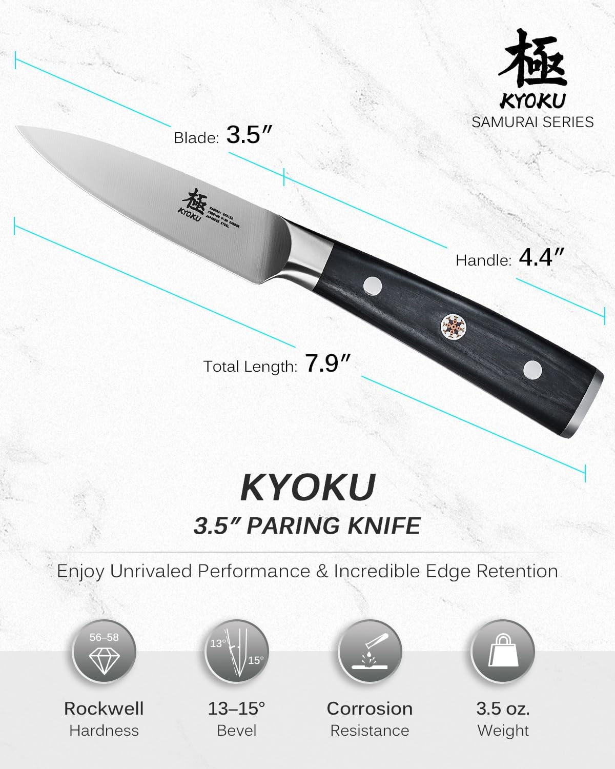 KYOKU 3.5" Paring Knife, Samurai Series Peeling Knife with Pakkawood Handle, Japanese High Carbon Steel Sharp Knife, Full Tang Small Kitchen Knife for Fruit Peeling & Slicing with Sheath and Case