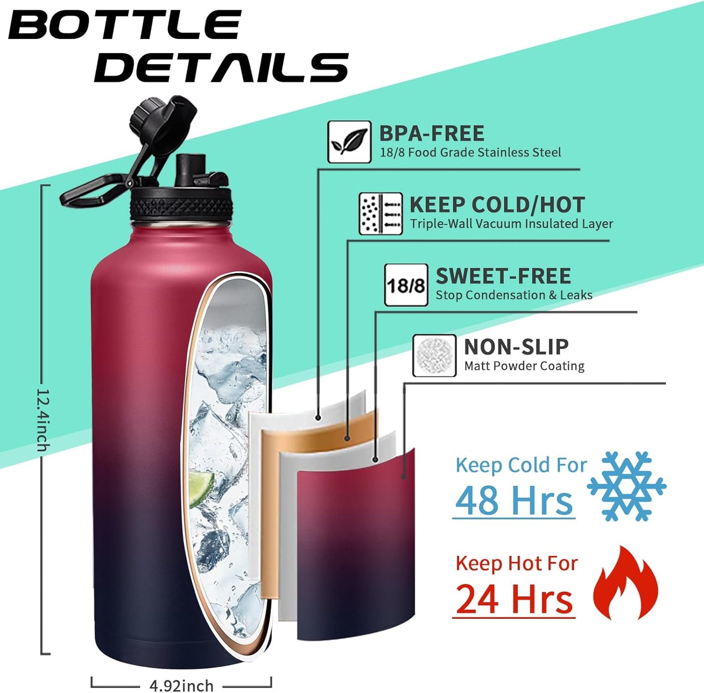 87 oz Insulated Water Bottle with Straw - Stainless Steel Sports Water Bottle, Double Wall Thermo Mug, Leak-Proof, 48h Cold-24h Hot, BPA Free, Rose Purple Gradient, Outdoor Activities