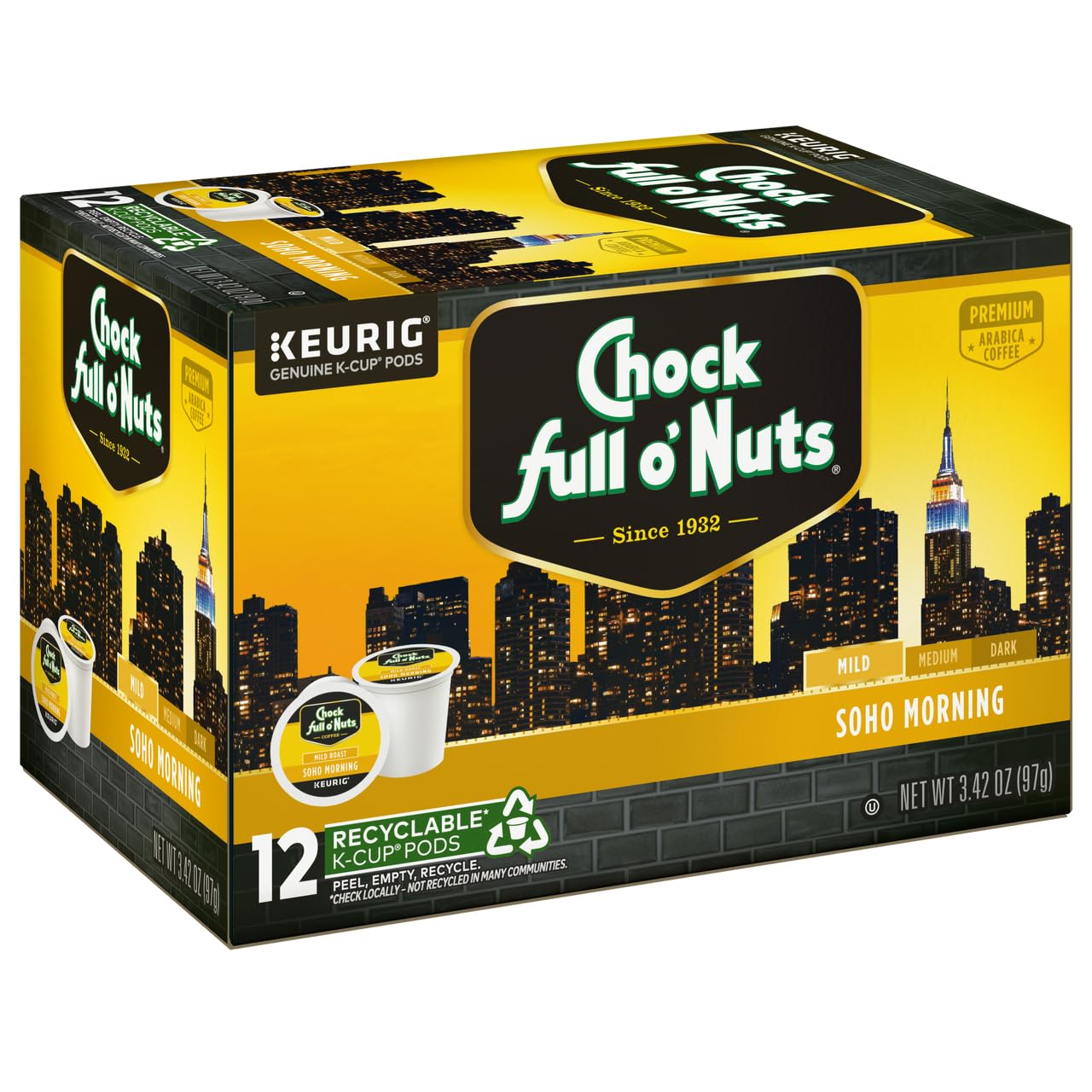 Chock Full o'Nuts Soho Morning Coffee, Mild Roast, Compatible with K-Cup Pods, 12 CT (Pack of 4)