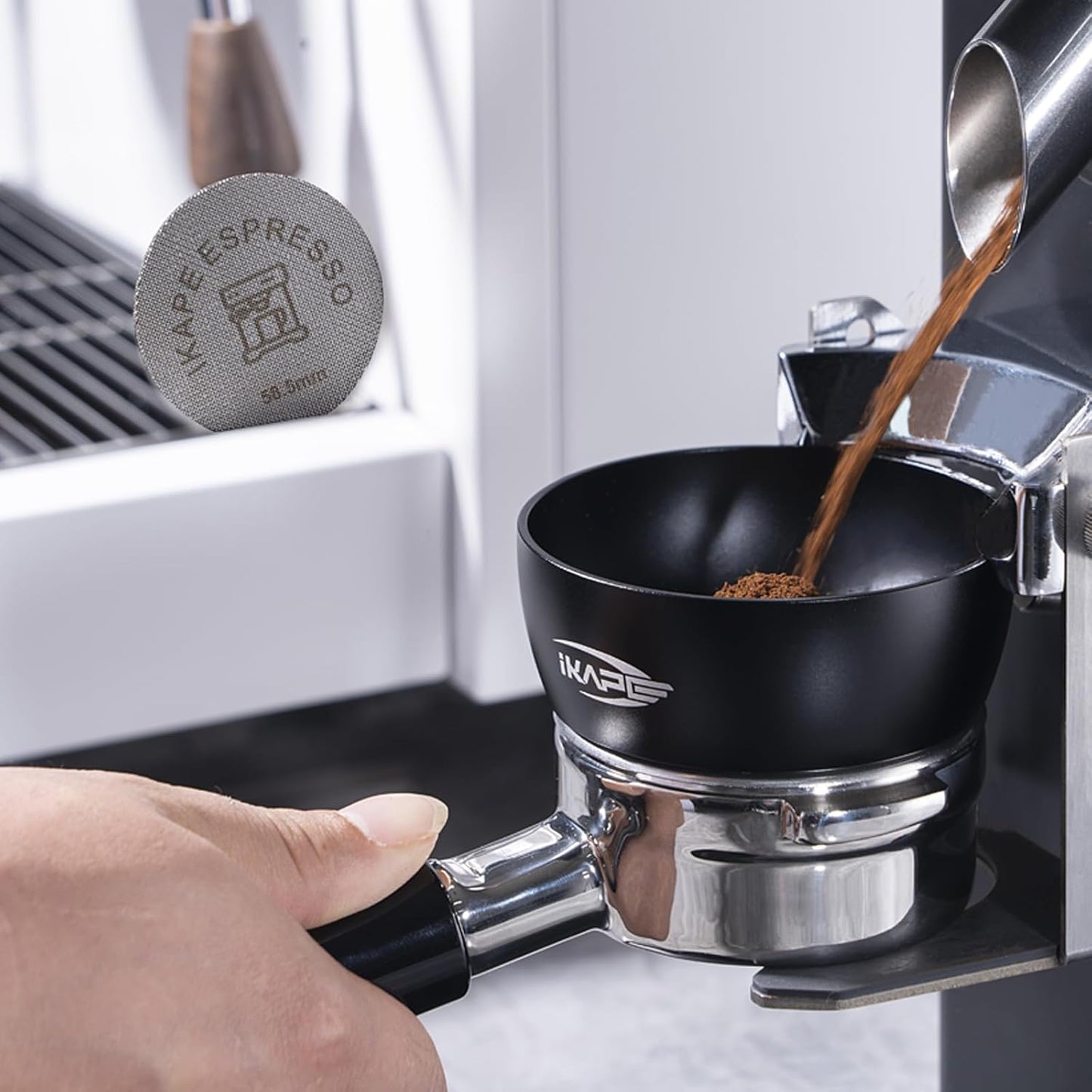 IKAPE Magnetic Dosing Funnel Set, 58MM Espresso Dosing Ring & Puck Screen Kit Compatible with 58MM Bottomless Portafilter - with 10 Small Magnet (Black)