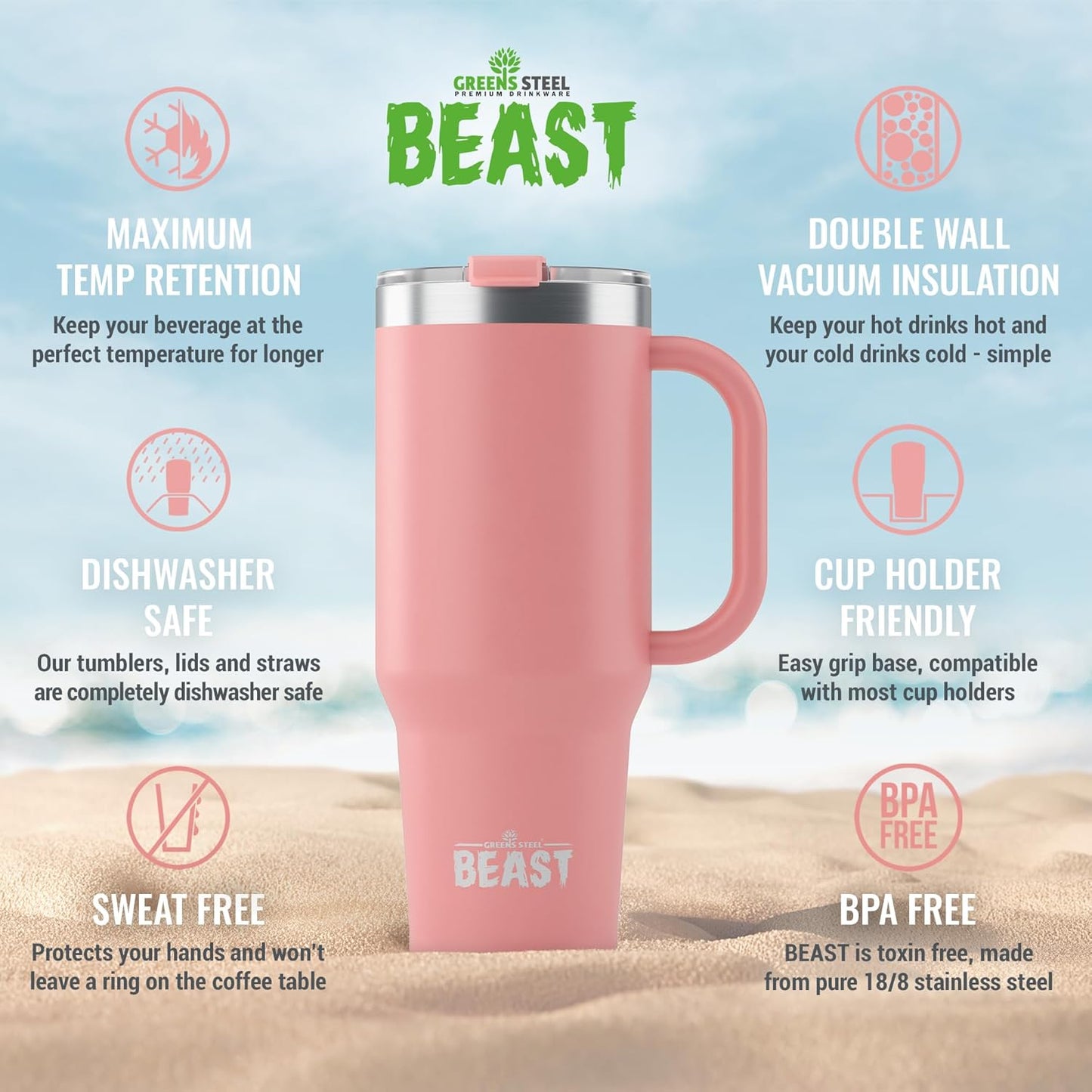 Beast 42 oz Tumbler Stainless Steel Vacuum Insulated Coffee Ice Cup Double Wall Travel Flask (Blossom Pink)