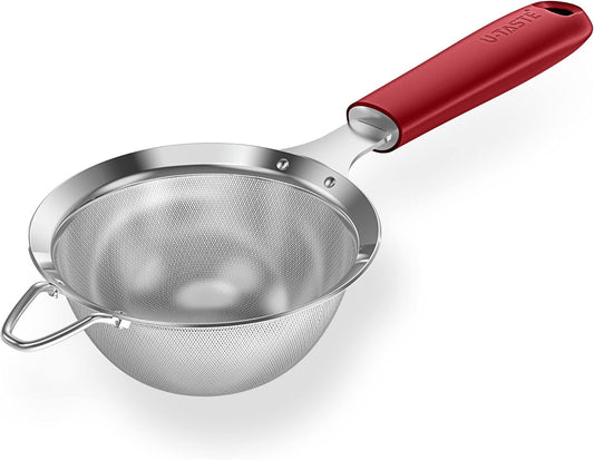 18/8 Stainless Steel Mesh Strainer: U-Taste 3.9 Inch Kitchen Fine Mesh Sieve Food Colander with Riveted Sturdy Silicone Handle and 30 Mesh Hole for Straining Flour, Quinoa, Tea, Juice (Red)