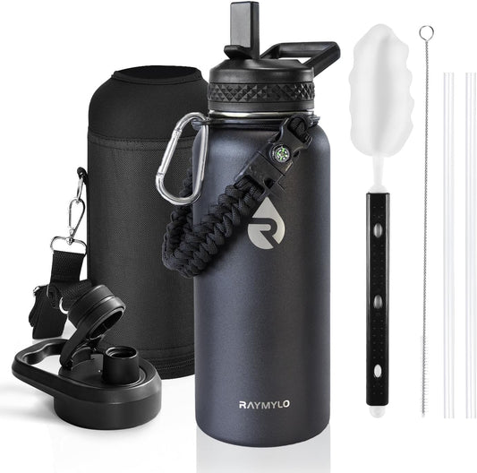 Insulated Water Bottle 32 oz, Triple Wall Vacuum Stainless Steel (Cold for 48 Hrs), Leak Proof & Non-BPA, Modern Water Flask Jug with Paracord Handle & Straw Spout Lids, Magic Black