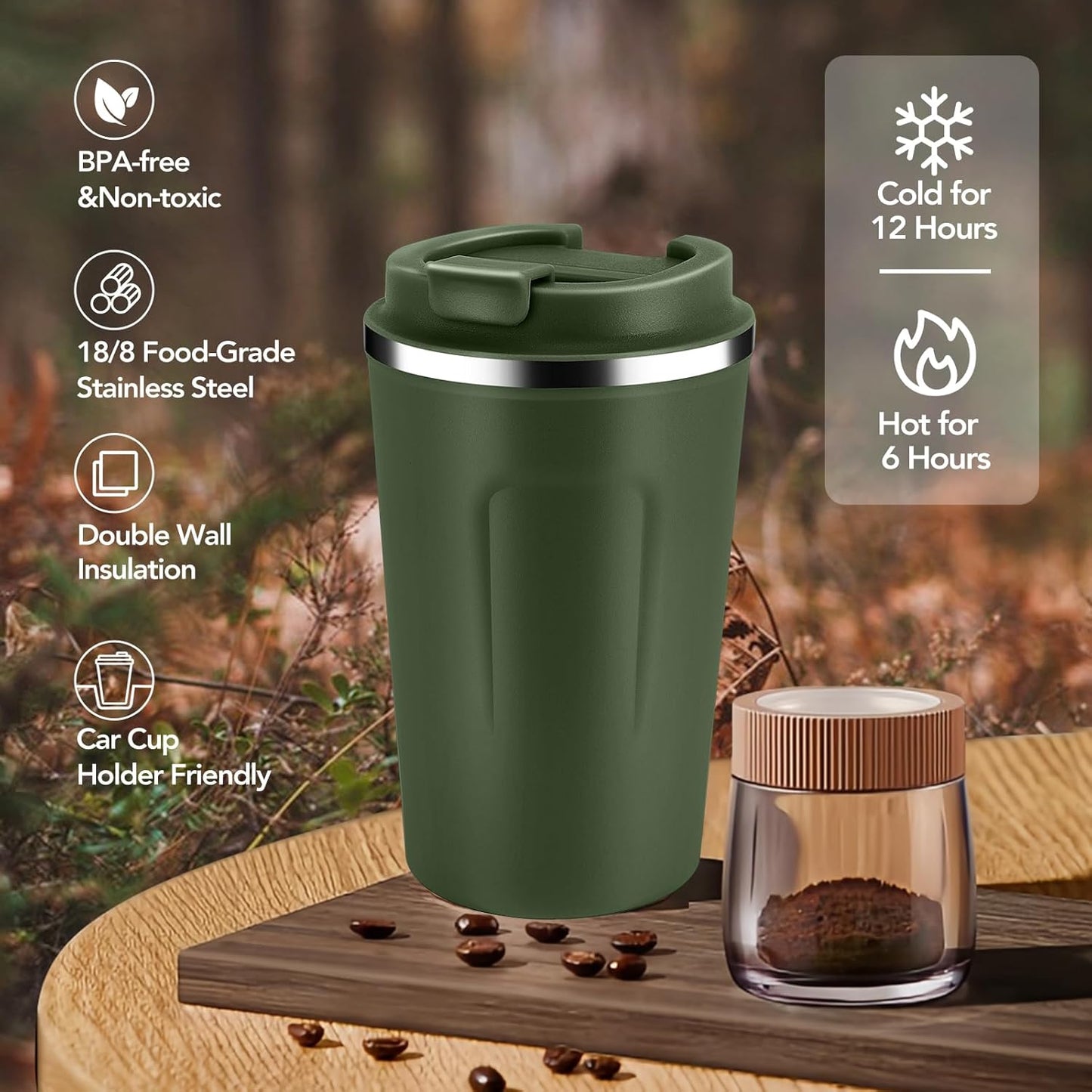 Volhoply 12 oz Double Wall Insulated Vacuum Travel Coffee Mug with Flip Lid Bulk 4 Pack,Reusable Stainless Steel Leak Proof Coffee Cups,Portable Thermal Tumbler for Hot & Cold Drinks(Army Green,4 Set)