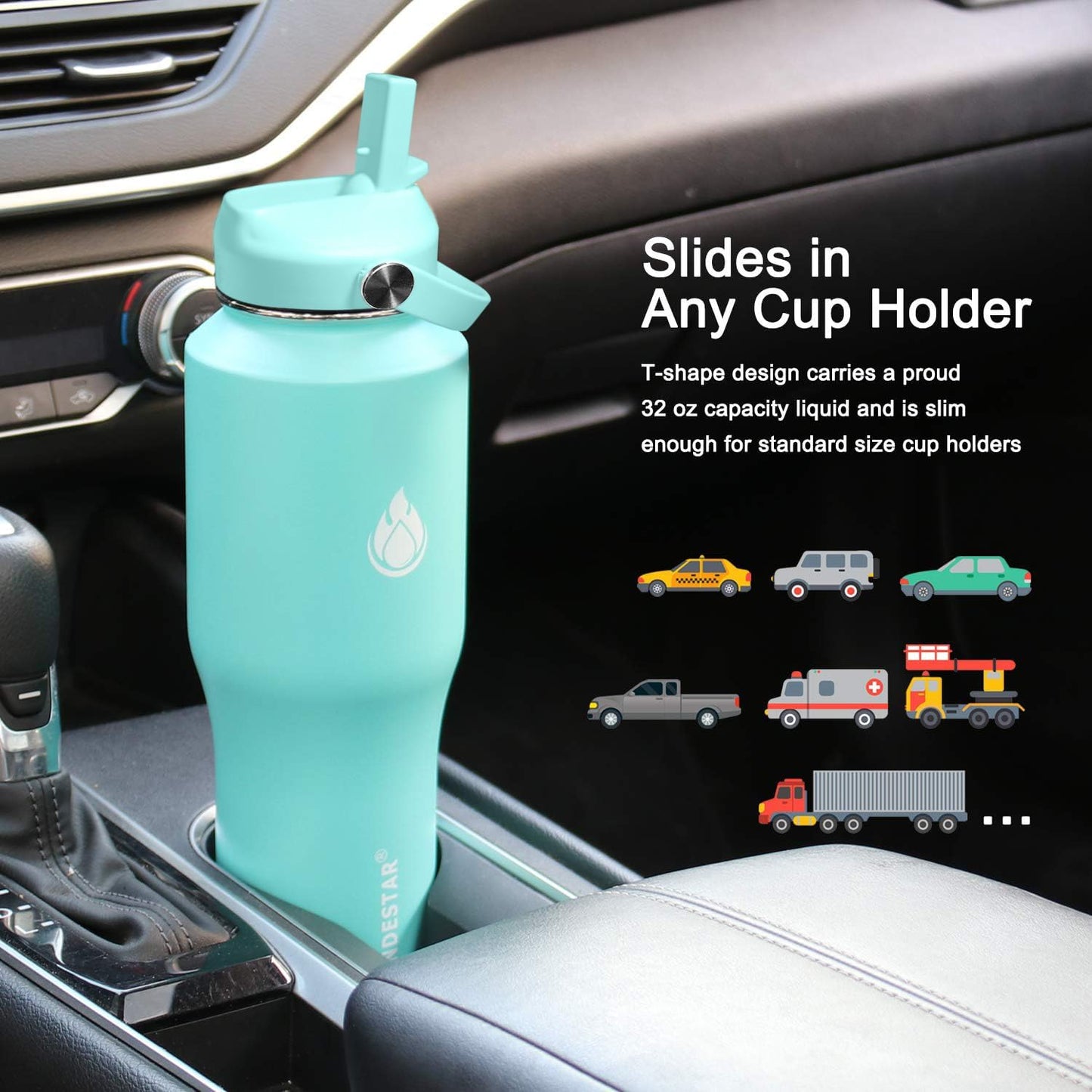SENDESTAR 32oz Water Bottle Wide Mouth Stainless Steel Vacuum Insulated Double Wall with 2 Straw Lids Fit in Any Car Cup Holder TXIN-32-MT-1