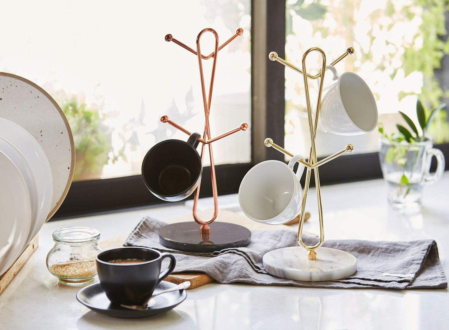 JEmarble Mug Holders with Copper Plated Standing(Black) Countertop Mug Tree, Coffee Mugs & Tea Cup Storage Rack, Coffee Counter Bar Accessory & Kitchen Organizer