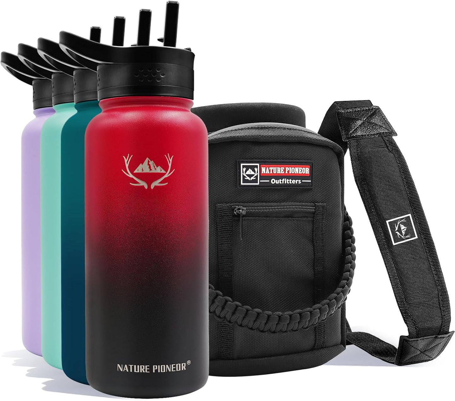 NATURE PIONEOR Insulated Water Bottles with Straw - 32oz Stainless Steel Vacuum Bottle with Holder/Carrier/Sleeve - Reusable 18/8 Food Grade 32 oz Water Jug