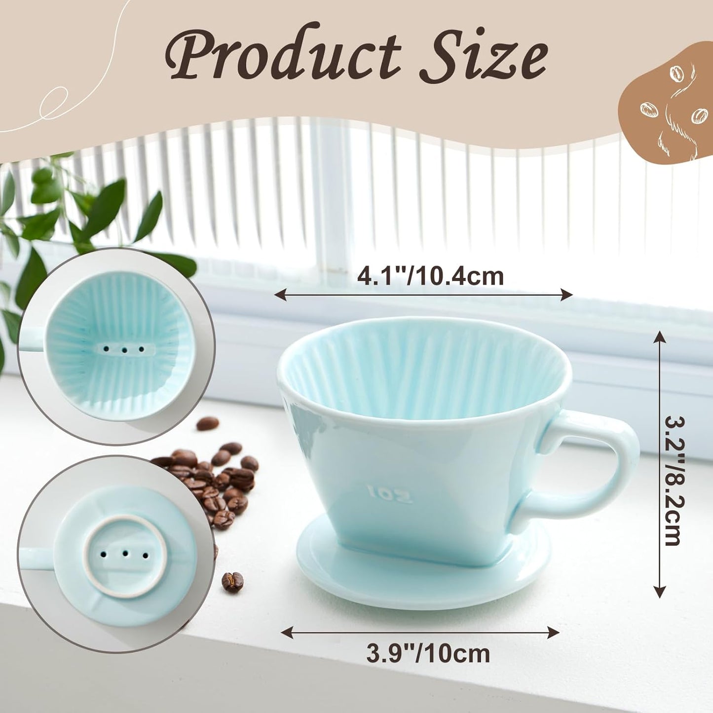 Pour Over Coffee Dripper, Ceramic Pour Over Coffee Maker with 3 Holes Flat Bottom, Easy Manual Slow Brewing, Porcelain Slow Filter Cone for Home, Office, Gift, Size 2, GR