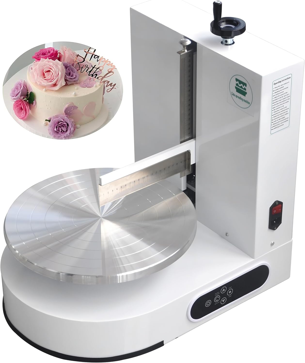 Semi Automatic Birthday Cake Smoothing Coating Machine, AC110V 6-14in Cake Cream Spreading Machine, Cakes Decorating Cream Coating Machine Turntable with Graduated Scraper, Baking Supplies (White)