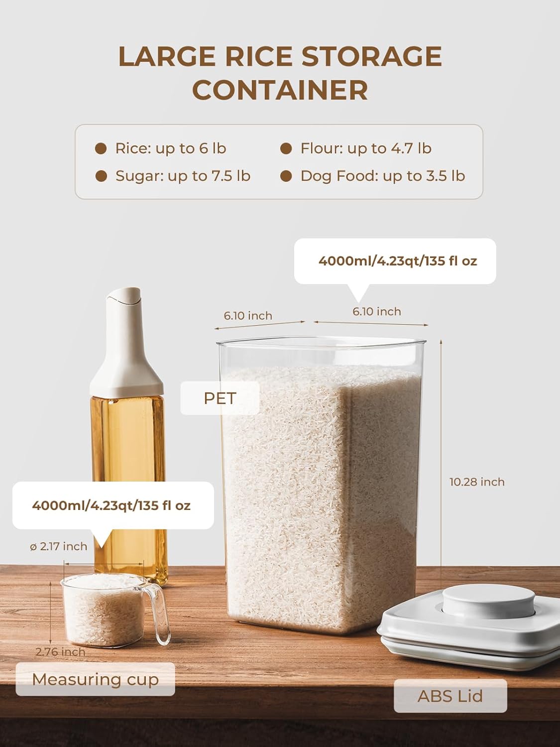 Large Airtight Food Storage Containers with Measuring Cup, 4L Airtight Pop Top Rice Storage Container 6.06 lbs(2.75kg), BPA-Free Plastic Cereal & Grain Canister Flour Dispenser