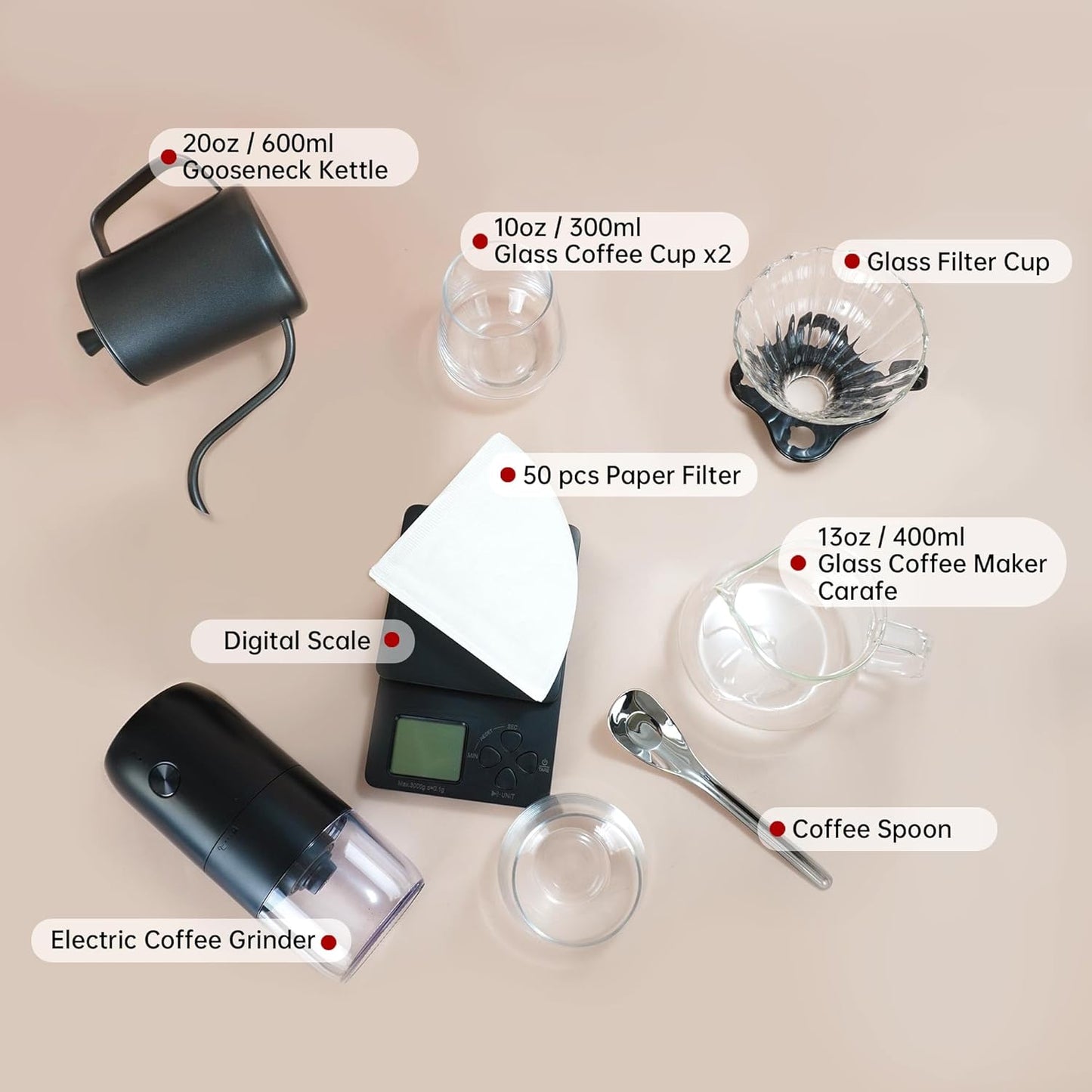 SuperCook Coffee Pour Over Kit Hand Drip with Kettle, Electric Grinder, Camping Travel Coffee Kit Ideal for Anniversary Birthday Gift