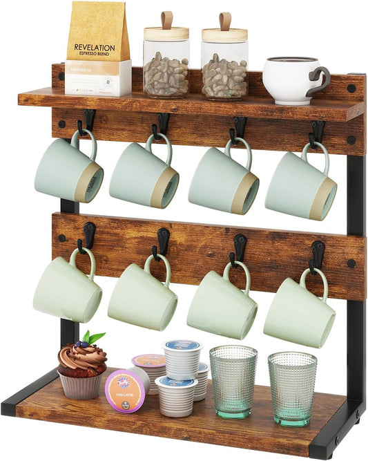 IBUYKE Rustic Coffee Mug Holder Stand, 2 Tier Countertop Mug Tree Holder Rack with Storage Base, Vintage Mug Holders for Kitchen, Holds 8 Mugs, Rustic Brown UTBJ002H