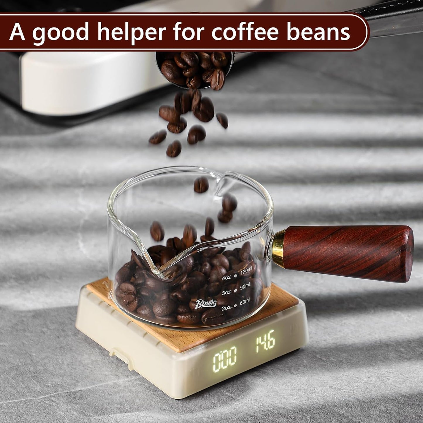 Espresso Shot Glasses with Wood Handle - 120ml Glass Coffee Bean Dosing Cup with Dual Spout,Clear Espresso Measuring Cup Glass for Barista Coffee Measure