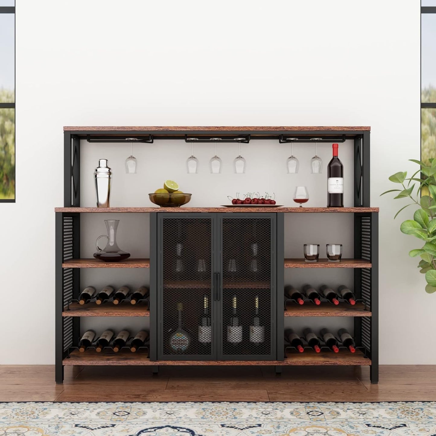 Bar Cabinet, 55 Inches Kitchen Sideboard Buffet Cabinet with Wine Rack Storage, Industry Coffee Bar Cabinet with Wine Rack and Glass Holder for Liquor and Glasses (Rustic)