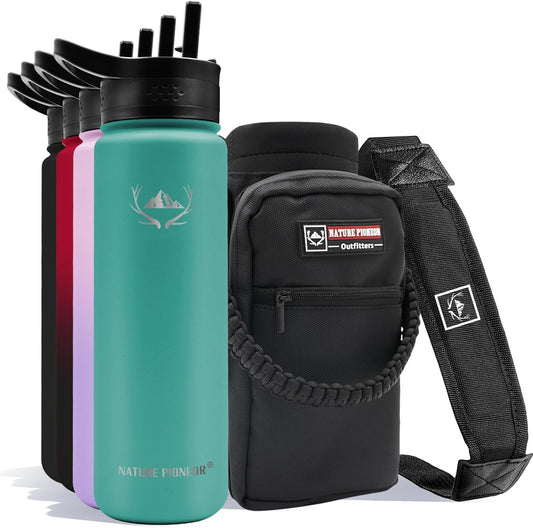 NATURE PIONEOR Insulated Water Bottles with Carrier Holder Sleeve - 24 ounce Stainless Steel Water Bottle with 3 Lids,straw,Keeps Hot and Cold