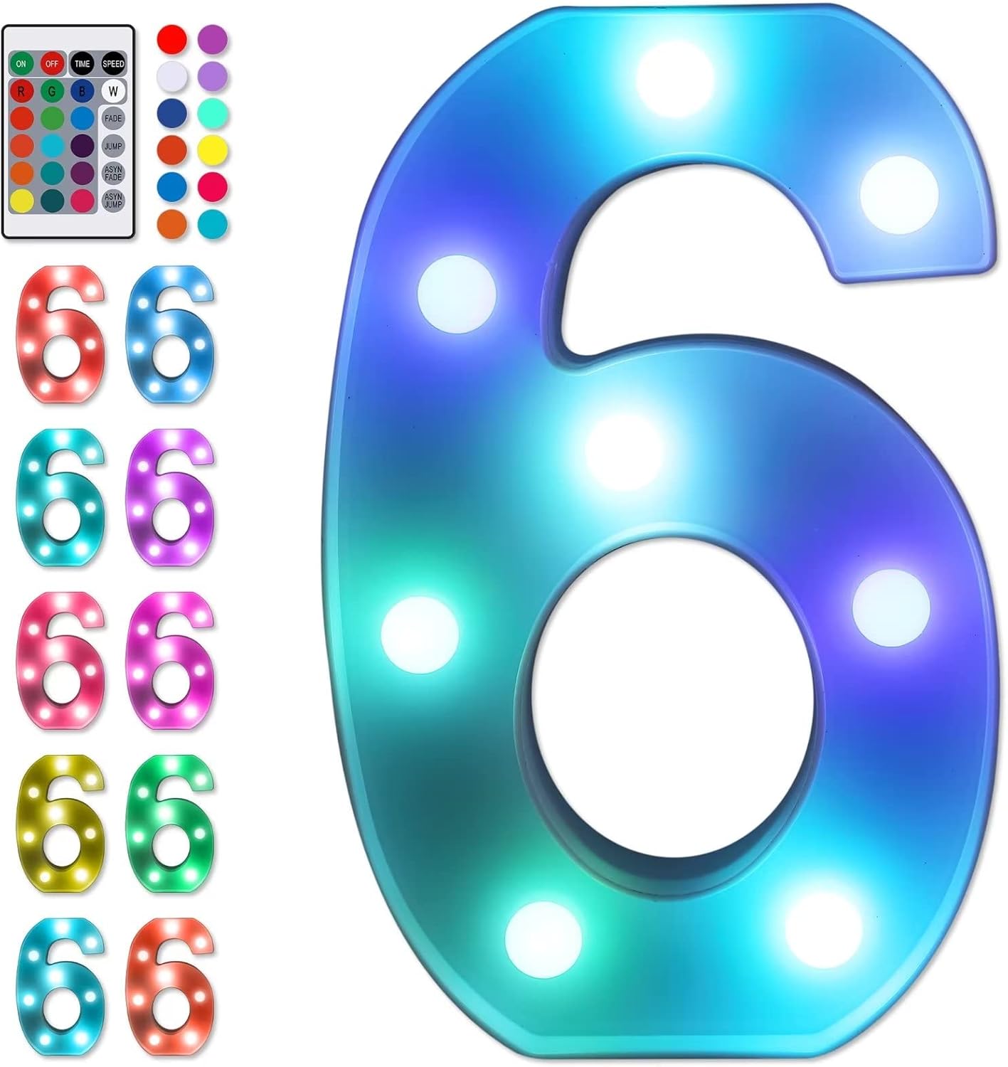 Foaky Colorful LED Number Lights with Remote, Marquee Light Up Number Sign for Night Light Wedding/Birthday Party Battery Powered Christmas Lamp Home Bar Decoration (6)