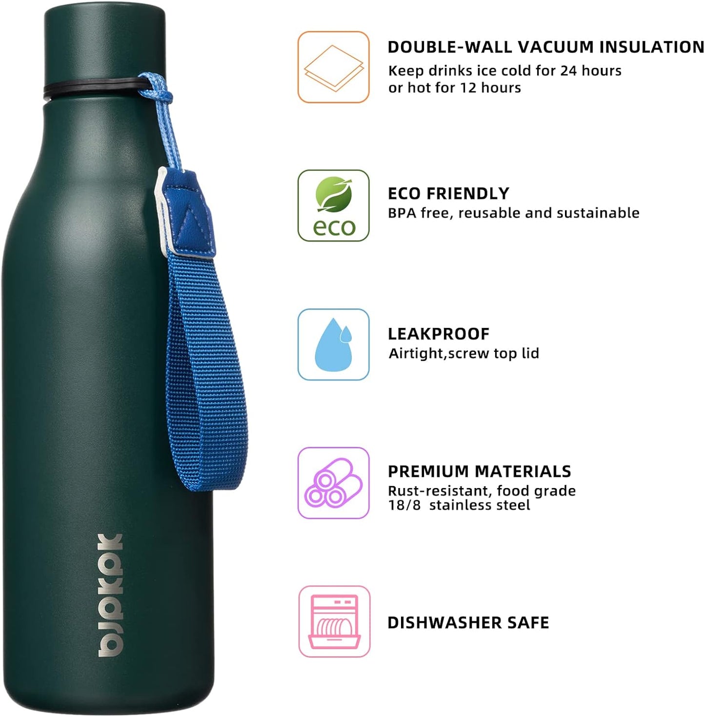 BJPKPK Insulated Water Bottles, 18 oz Stainless Steel Metal Water Bottle with Strap, BPA Free Leak Proof Thermos, Mugs, Flasks, Reusable Water Bottle for Sports & Travel, Army Green