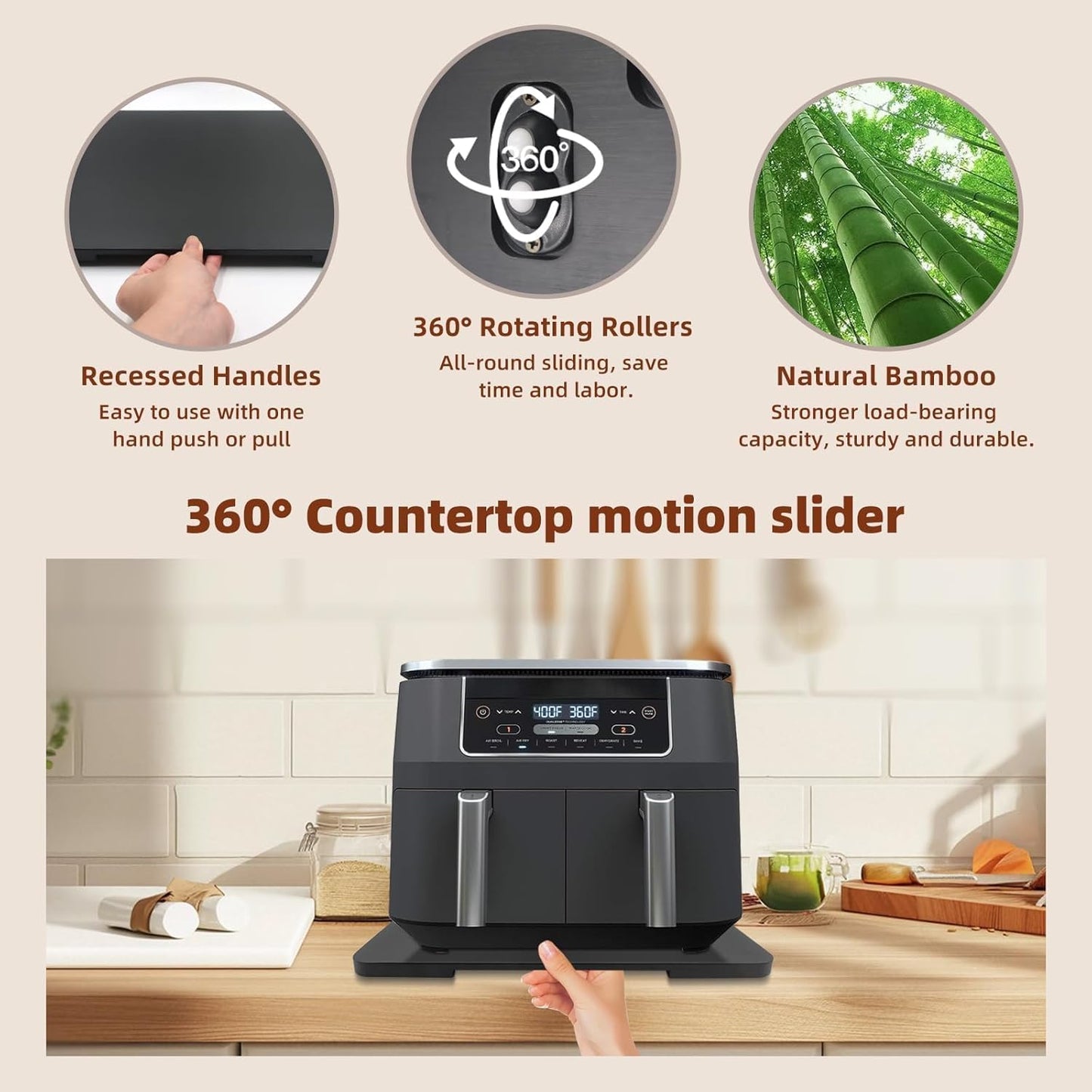 360° Rolling Tray Bamboo Appliance Slider for Kitchen Appliances, for Breville Espresso Machine Accessories, Sliding Tray for Coffee Maker Appliances Mat Easily from Under The Cabinet Black 13"×15.7"