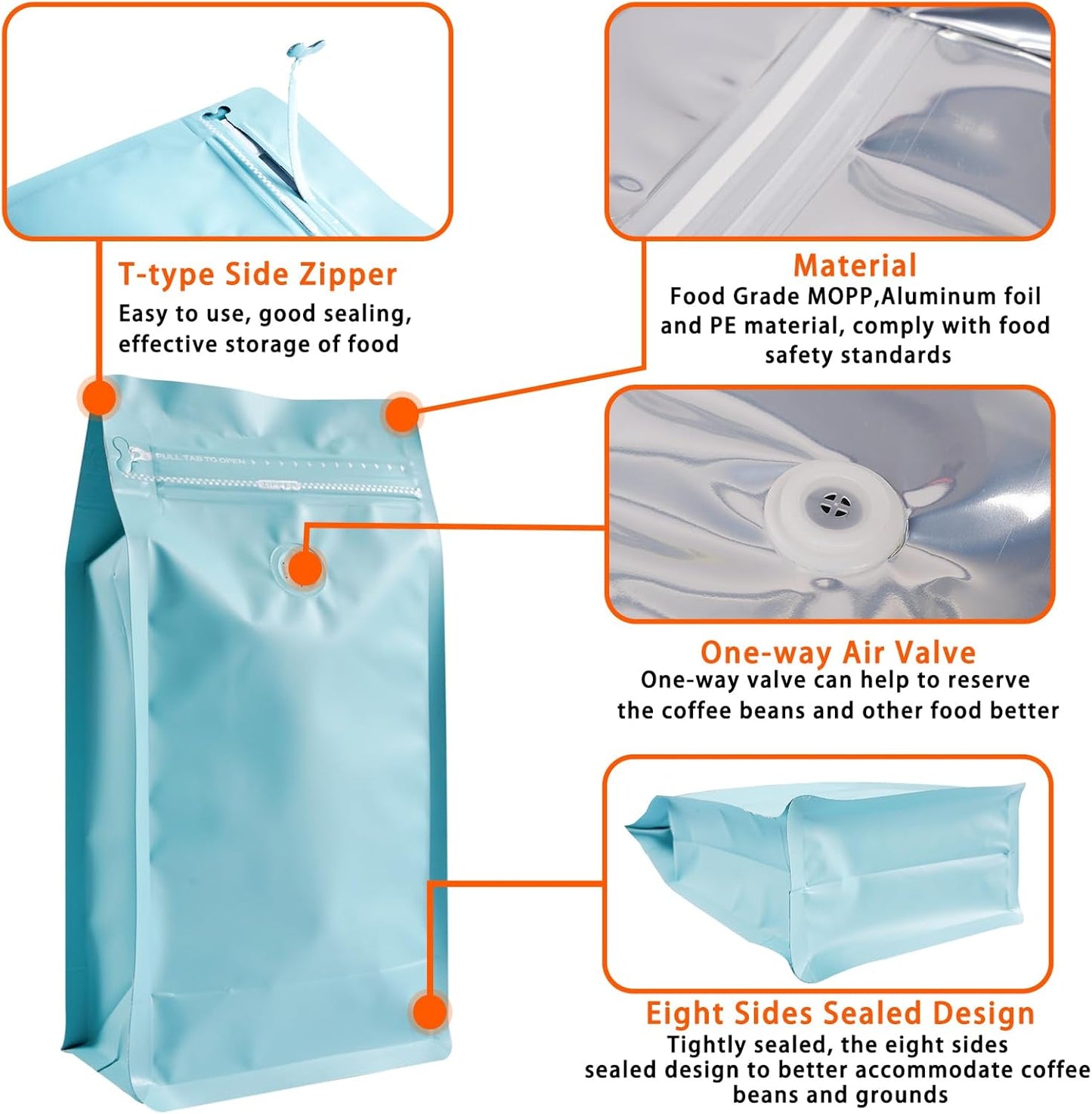 Coffee Bags with Valve (50 PCS,8oz/0.5lb) Blue High Barrier Aluminum Foil Flat Bottom Standing Coffee Beans Storage Packaging Bags, Reusable Heat Seal Side Zipper Pouches for Small Business and Home